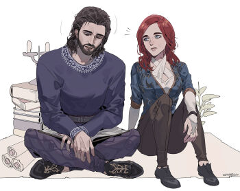 Rule 34 | 1boy, 1girl, aqua eyes, baldur's gate, baldur's gate 3, beard, black shoes, blue shirt, book, brown hair, brown pants, byuub, dungeons & dragons, dungeons &amp; dragons, facial hair, gale (baldur's gate), indian style, long hair, pants, purple pants, purple shirt, red hair, scroll, shirt, shoes, sitting, sleeping, tav (baldur's gate)