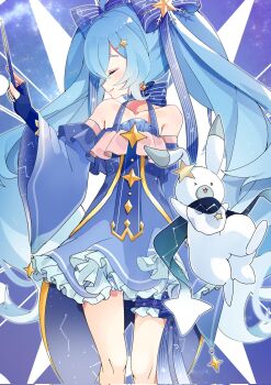 >_o 1girl aqua_hair aqua_nails bare_shoulders blue_bow blue_dress blue_gloves blue_shoes bow closed_eyes closed_mouth collarbone commentary_request constellation_print dress fingerless_gloves fingernails frilled_thigh_strap gloves hair_bow hatsune_miku highres holding holding_wand kusunokimizuha long_hair nail_polish official_alternate_costume official_alternate_hairstyle one_eye_closed rabbit rabbit_yukine shoes smile solo star_(sky) thigh_strap twintails very_long_hair vocaloid wand white_rabbit_(animal) wide_sleeves yuki_miku yuki_miku_(2017)