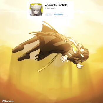 2girls absurdres animal_ears arknights arknights:_endfield bird_ears bird_girl black_coat black_pantyhose blue_eyes coat commentary copyright_name cumulussen endministrator_(arknights) english_commentary english_text female_endministrator_(arknights) floating full_body highres icon_(computing) long_hair long_sleeves medium_hair multiple_girls pantyhose perlica_(arknights) twitter_username