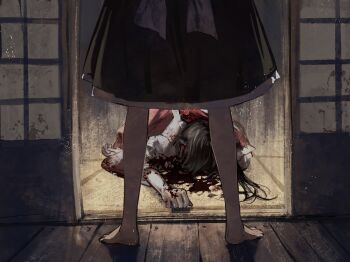 2girls aihara-rina barefoot black_skirt blood blood_on_arm blood_on_ground bow brown_hair chinese_commentary commentary_request corpse death detached_sleeves hair_bow hakurei_reimu highres kirisame_marisa lower_body lying multiple_girls on_stomach red_bow shouji skirt sliding_doors standing touhou white_sleeves