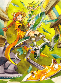 2girls arm_up black_eyes blonde_hair book bookshelf bracelet braid brown_eyes brown_hair checkered_floor closed_mouth coattails commentary_request creature disc eighth_note floating fortissimo glint gloves green_gloves green_leotard green_shoes green_shorts green_socks green_sweater green_thighhighs hair_ornament headphones holding indoors jacket jewelry kneehighs leotard long_hair looking_at_another multiple_girls musical_note musical_note_hair_ornament on_stool one_eye_closed open_clothes open_jacket open_mouth original peter_salt shoes shorts single_braid sitting smile socks stool striped_clothes striped_socks striped_thighhighs sweater tailcoat thighhighs turtleneck turtleneck_sweater vertical-striped_clothes vertical-striped_thighhighs yellow_jacket