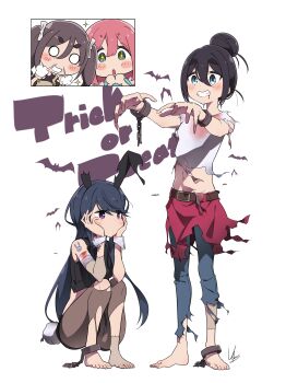 4girls :o absurdres amamiya_satsuki_(mono) animal_ears barefoot belt black_hair black_pantyhose black_shirt blue_eyes blue_hair blue_pants blush blush_stickers bow brown_hair chain chibi chibi_inset commentary creator_connection crossover denim english_commentary feet grin hair_between_eyes hair_bow hair_bun hands_on_own_face highres jeans kagamihara_nadeshiko kiriyama_an mono_(afro) multiple_girls outstretched_arms pants pantyhose pink_hair playboy_bunny purple_eyes rabbit_ears rabbit_tail red_skirt shima_rin shirt simple_background skirt smile squatting standing star-shaped_pupils star_(symbol) symbol-shaped_pupils tail thick_thighs thighs toes torn_clothes trick_or_treat white_background white_bow white_shirt yas_(yosiyasuyasu) yurucamp zombie_pose