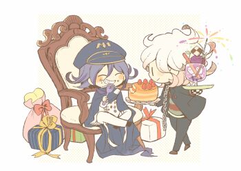 Rule 34 | 2boys, ^ ^, animal collar, belt, birthday, birthday cake, black cloak, black eyes, black hat, black jacket, black pants, black shoes, blush stickers, border, brown shoes, buttons, cake, chain, chain leash, checkerboard cookie, chibi, cinnamon stick, cloak, closed eyes, closed mouth, collar, collared cloak, collared jacket, commentary request, cookie, crossed ankles, crumbs, cup, danganronpa (series), danganronpa another episode: ultra despair girls, danganronpa v3: killing harmony, denim, double-breasted, drinking glass, eating, fireworks, food, food bite, fork, fruit, gift, giving food, grapes, green shirt, grin, hair between eyes, halftone, halftone background, happy, hat, high collar, hitofutarai, holding, holding food, holding fork, holding plate, holding tray, ice, ice cream, ice cream float, ice cube, jacket, jeans, komaeda nagito, lapels, leash, long sleeves, looking at another, medium hair, messy hair, multicolored buttons, multiple boys, notched lapels, official alternate costume, oma kokichi, on throne, open clothes, open jacket, outline, outside border, pants, peaked cap, plate, pocky, purple hair, red shirt, servant (danganronpa), shirt, shoes, short hair, sitting, smile, soda, solid oval eyes, sparkler, strawberry, striped clothes, striped shirt, thigh belt, thigh strap, torn clothes, torn jeans, torn pants, tray, two-tone shirt, undershirt, white belt, white border, white hair, white jacket, white outline, white pants, wine glass, yellow background