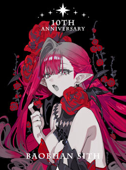 1girl anniversary baobhan_sith_(celebratory_attire)_(fate) baobhan_sith_(fate) bare_shoulders black_background black_nails blunt_bangs breasts character_name cleavage commentary_request detached_collar dress earrings english_text fang fate/grand_order fate_(series) flower grey_eyes hair_between_eyes half_updo hand_up holding holding_flower jewelry long_hair looking_at_viewer nail_polish open_mouth pointy_ears red_dress red_flower red_hair red_rose rose simple_background solo star_(symbol) starshadowmagician strapless strapless_dress upper_body