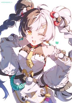 1girl ahoge animal_print bare_shoulders bear_print black_hair braid braided_twintails china_dress chinese_clothes commentary_request detached_sleeves dialyn_(zenless_zone_zero) double_bun dress earrings hair_bun hair_extensions hair_intakes hair_ornament hairclip hands_on_own_hips highres id_card jewelry koeda_(k83_4) long_hair looking_at_viewer multicolored_hair necktie one_eye_closed open_mouth panda_hair_ornament panda_print pelvic_curtain ring_hair_extensions simple_background solo split-color_hair white_background white_dress white_hair wire yellow_eyes yellow_necktie zenless_zone_zero