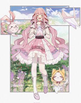 Rule 34 | 1girl, ^ ^, ahoge, animal, bare shoulders, belt, black belt, black bow, black ribbon, blue sky, blush, blush stickers, blushbunny (infinity nikki), border, bow, bow choker, bow legwear, bowtie, bra strap, cat, choker, cloak, closed eyes, closed mouth, clothed animal, cloud, commentary, commission, cross-laced clothes, cross-laced legwear, day, ear covers, english commentary, field, flower, frilled shirt, frilled skirt, frilled sleeves, frills, fukosshi, full body, grey border, hair bow, hair ribbon, happy, highres, holding, holding star, hood, hooded cloak, infinity nikki, kneehighs, knees, lavender (flower), layered skirt, leg up, light particles, long hair, long sleeves, low twintails, mary janes, medium skirt, momo (nikki), navel, nikki (nikki), nikki (series), off-shoulder shirt, off shoulder, open mouth, origami, outdoors, outline, outside border, paper crane, pawpads, pink bow, pink bowtie, pink choker, pink hair, pink ribbon, pink shoes, pink skirt, pleated skirt, puffy long sleeves, puffy sleeves, purple flower, rabbit, red bow, red bowtie, ribbon, see-through clothes, see-through sleeves, shirt, shoes, sidelocks, single stripe, skeb commission, skirt, sky, smile, snowflake print, socks, star (symbol), straight-on, striped bow, striped bowtie, striped choker, striped clothes, traditional bowtie, tress ribbon, twintails, twitter username, very long hair, walking, wavy hair, whimstar (infinity nikki), whiskers, white cat, white outline, white shirt, white skirt, white socks, yarn, yellow cloak