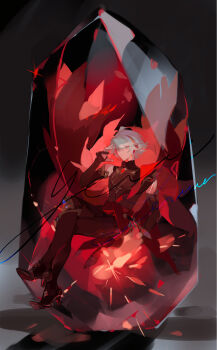 1boy absurdres alhaitham_(genshin_impact) black_bodysuit black_gloves bodysuit chest_jewel commentary crossed_legs elbow_gloves full_body gem genshin_impact gloves grey_hair hair_ornament hand_up high_heels highres jewelry liulianjingrua looking_at_viewer male_focus short_hair sitting sleeveless sleeveless_turtleneck solo swept_bangs symbol-only_commentary turtleneck