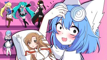 Rule 34 | 1girl, ;d, animal ear fluff, animal ears, asuna (sao), blue hair, coke-bottle glasses, commentary, crazy eyes, dakimakura (object), dot nose, english commentary, fairy tail, figure, glasses, hatsune miku, highres, indie virtual youtuber, lucy heartfilia, nervous, nervous sweating, one eye closed, open mouth, otaku, otaku room, pale skin, pillow, pink background, polka dot, polka dot background, re:zero kara hajimeru isekai seikatsu, rem (re:zero), sailor collar, smile, spy x family, sweat, sword art online, virtual youtuber, vocaloid, wolf ears, wolf girl, wolfychu, wolfychu (artist), yor briar