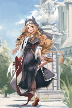 1girl :o absurdres adjusting_clothes adjusting_shoe anklet aqua_eyes archetto_(arknights) archetto_(glory_of_the_devout)_(arknights) architecture arknights bird black_cloak black_dress black_veil blonde_hair blue_sky breasts brown_shoes citrushn_(sushimiganbo) cloak clothing_cutout commentary_request dove dress fangs frilled_dress frills from_behind full_body greco-roman_architecture heterochromia highres jewelry lion_tail loafers long_dress long_hair long_sidelocks looking_at_object looking_back looking_down medium_breasts no_legwear no_socks nun outdoors pine_tree red_eyes revision shoes sidelocks sky solo standing standing_on_one_leg statue surprised tail tail_through_clothes three-quarter_sleeves tiptoes tree two-sided_cloak two-sided_fabric veil yellow_tail