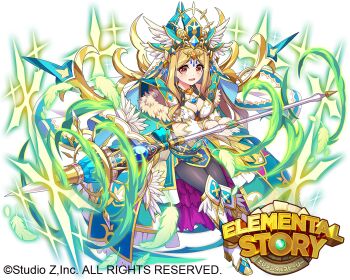 Rule 34 | 1girl, blonde hair, breasts, commentary request, copyright name, copyright notice, edamame senpai, elemental story, full body, gloves, grey pantyhose, holding, holding staff, large breasts, long hair, looking at viewer, official art, open mouth, pantyhose, queen guinevere (elemental story), solo, staff, veil, white gloves