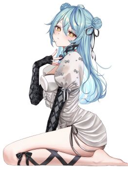 1girl ahoge aqua_hair arm_support ass barefoot black_gloves blue_hair blue_streaks blush bow breasts coco_(lu28_mi) colored_bangs diamond-shaped_pupils diamond_(shape) double_bun dress elbow_gloves fingerless_gloves gloves hair_between_eyes hair_bun hair_ribbon highres lace lace_gloves leg_ribbon long_hair looking_at_viewer multicolored_hair nijisanji ribbon seiza short_dress simple_background sitting solo streaked_hair symbol-shaped_pupils tamanoi_nana thighs virtual_youtuber white_background white_dress yellow_eyes