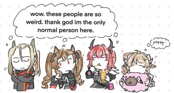 Rule 34 | 1boy, 3girls, angelina (arknights), animal, animal ears, ardelia (arknights), arknights, arknights: endfield, baby animal, bird boy, bird ears, black dress, black horns, blonde hair, brown hair, closed eyes, coat, commentary, crossed arms, cup, curled horns, demon girl, demon horns, dolly (arknights), dress, drill hair, drill ponytail, drinking glass, eating, english commentary, english text, eyjafjalla (arknights), finger to mouth, food, fox ears, fox girl, gilberta (arknights), grey dress, grey horns, head wings, headpiece, hellagur (arknights), high collar, holding, holding animal, holding food, holding ice cream, holding spoon, horns, ice cream, laevatain (arknights), lamb, lisalovebot, long hair, long sleeves, looking at another, multiple girls, off shoulder, open clothes, open coat, parfait, parfait glass, pogranichnik (arknights), purple eyes, red coat, red eyes, red hair, shared thought bubble, sheep, sheep ears, sheep girl, sheep horns, simple background, speech bubble, spoon, surtr (arknights), sweatdrop, thought bubble, twintails, white background, wings