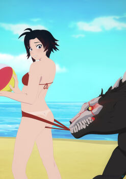1girl ass ball beach beachball grimm_(rwby) ruby_rose rwby short_hair swimsuit swimsuit_tug