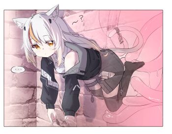 ... 1girl ? absurdres animal_ears black_jacket black_thighhighs blonde_hair cat_ears cat_girl cat_tail clueless dress expressionless full_body glory_wall gradient_hair highres id_card jacket long_hair long_sleeves looking_at_viewer multicolored_hair off_shoulder open_clothes open_jacket original pouch red_hair short_dress sleeveless sleeveless_dress slimy spoken_ellipsis sstareven2 streaked_hair tail tentacles thigh_pouch thigh_strap thighhighs through_wall torn_clothes torn_jacket white_dress white_hair x-ray yellow_eyes