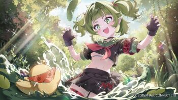 1girl armband bird black_gloves black_serafuku black_shirt black_skirt cloud copyright_notice duck fingerless_gloves gloves green_eyes green_hair green_sailor_collar gyool hair_ribbon lily_pad midriff moon_phases navel neckerchief nitya_nil open_mouth orange-tinted_eyewear phase_connect pleated_skirt pointy_ears red_armband red_neckerchief red_ribbon ribbon sailor_collar school_uniform serafuku sharp_teeth shirt skirt sky sparkle splashing teeth tinted_eyewear tree virtual_youtuber water wet