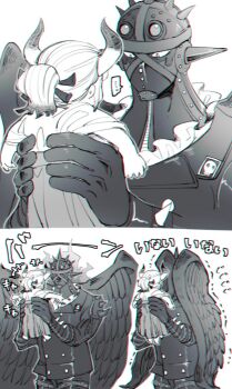 1boy 1girl :3 age_difference aged_down carrying child expressionless full_body gloves hakama hatadelta highres horns japanese_clothes king_(one_piece) looking_at_another mask monochrome one_piece oni_horns ponytail sequential sharp_teeth simple_background size_difference sleeping smile tail teeth translated wings yamato_(one_piece)