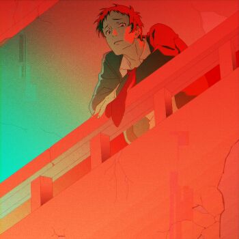 1boy adachi_tooru against_railing black_hair black_jacket commentary_request crack cracked_wall from_below jacket long_sleeves looking_at_viewer male_focus messy_hair necktie obobkkp persona persona_4 railing red_necktie short_hair solo