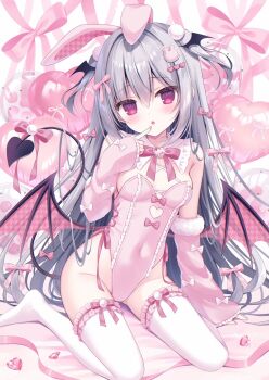 1girl :o animal_ears bare_shoulders blush bow bowtie breasts breasts_apart commentary covered_navel demon_girl demon_tail demon_wings fake_animal_ears finger_to_mouth gem grey_hair hair_between_eyes hair_bow hand_up hasune highleg highleg_leotard highres leotard long_hair looking_at_viewer low_wings medium_breasts original pink_bow pink_bowtie pink_gem pink_leotard purple_eyes rabbit_ears sitting sleeves_past_wrists solo spade_(shape) symbol-only_commentary tail tail_bow tail_ornament thighhighs very_long_hair wariza white_thighhighs wings