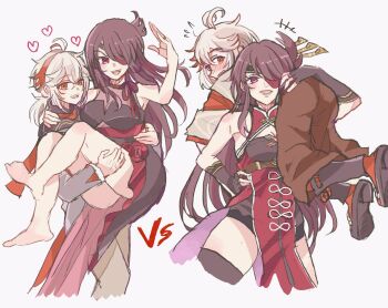 1boy 1girl ahoge beidou_(genshin_impact) blush breasts brown_hair carrying chinese_clothes cleavage commentary couple english_commentary eyepatch genshin_impact heart hetero highres japanese_clothes kaedehara_kazuha kasep long_hair multicolored_hair open_mouth princess_carry red_eyes red_hair simple_background streaked_hair white_background white_hair