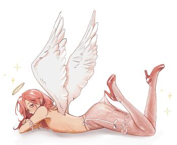 1boy angel angel_devil_(chainsaw_man) angel_wings ass blush ceruleanblood chainsaw_man commentary crossdressing crossdressing_(mtf) english_commentary feathered_wings from_side full_body halo high_heels highres hooked_on_heel lace_pantyhose_hooked_on_heel_(meme) long_hair lying male_focus meme nipples on_stomach solo thighs traditional_halo white_wings wings