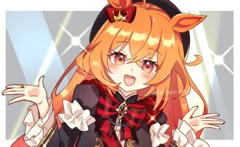 1girl ahoge animal_ears armband beret black_gem black_jacket blush bow closed_eyes commentary_request crown_hair_ornament ear_bow facing_viewer frilled_armband frills gem hair_between_eyes hair_ornament hat highres horse_ears horse_girl horse_tail jacket long_hair norun_(ru-on) open_mouth orange_hair orange_tail red_bow red_sash ribbon royal_family_(the_royal_family) sash shirt shorts smile tail the_royal_family_(tv_series) thigh_strap umamusume umapyoi_densetsu white_shirt white_shorts