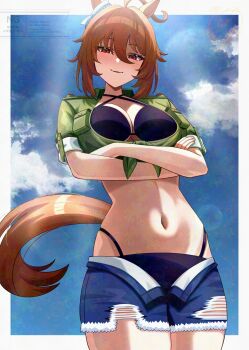Rule 34 | agnes tachyon (lunatic lab) (umamusume), agnes tachyon (umamusume), animal ears, bikini, bikini under clothes, black bow, blue shorts, blue sky, blush, border, bow, breasts, cleavage, cloud, commentary request, crossed arms, cutoff jeans, cutoffs, day, from below, green jacket, hair between eyes, highres, horse ears, horse girl, horse tail, jacket, large breasts, looking at viewer, motusii, navel, outdoors, red eyes, short sleeves, shorts, sky, smile, swimsuit, tail, tied jacket, umamusume, watermark, white border