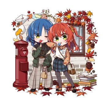 2girls alternate_costume autumn_leaves bag black_pantyhose black_shoes black_skirt black_sweater blue_hair bocchi_the_rock! book book_stack brown_bag candy chibi chibi_only chika_(06chimika13) closed_mouth coat collared_shirt commentary_request envelope floral_print food green_coat green_eyes hair_ornament hairclip handbag holding holding_candy holding_food holding_lollipop jewelry kita_ikuyo leaf lollipop long_hair long_sleeves looking_at_viewer multiple_girls necklace one_eye_closed open_book open_clothes open_coat open_mouth orange_shirt pantyhose parallel_hairclips pinecone plaid_clothes plaid_skirt postbox_(outgoing_mail) red_hair ribbed_sweater shirt shoes short_hair skirt standing sweater tongue tongue_out turtleneck turtleneck_sweater window yamada_ryo yellow_eyes
