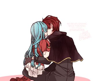 Rule 34 | 1boy, 1girl, 2025, aqua hair, arm around another's waist, black capelet, black pants, black shirt, brown gloves, capelet, commentary request, eirika (fire emblem), fingerless gloves, fire emblem, fire emblem: the sacred stones, from behind, gloves, hetero, implied kiss, long hair, long sleeves, nintendo, pants, pulling another's clothes, red gloves, red hair, red shirt, sayu030b, seth (fire emblem), shirt, short hair, short sleeves, simple background, sitting, sitting on person, skirt, watermark, white background, white skirt
