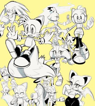 amy_rose badger bat_(animal) bat_wings bird blaze_the_cat bracelet breasts cat chao_(sonic) child collar cream_the_rabbit dress echidna_(animal) fangs gloves greyscale_with_colored_background hair_tie hairband highres jewelry knuckles_the_echidna large_breasts long_hair marine_the_raccoon medium_hair multiple_tails multiple_views pepamintopatty_(artist) raccoon rouge_the_bat sega shoes simple_background skirt smile socks sonic_(series) sonic_the_hedgehog source_request spiked_hair sticks_the_badger strapless tail tails_(sonic) tight_clothes tube_top twintails two_tails wave_the_swallow wings yellow_background