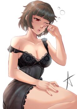 1girl absurdres alternate_costume babydoll bare_shoulders black_babydoll blunt_bangs braid breasts brown_hair cleavage collarbone commentary crown_braid english_commentary half-closed_eye hand_on_own_thigh hand_up highres lace-trimmed_babydoll lace_trim large_breasts niijima_makoto one_eye_closed open_mouth persona persona_5 pink_lips pink_nails red_draws5 red_eyes short_hair simple_background sleepy solo squeans star_(symbol) strap_slip white_background