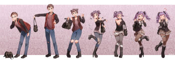 1boy 1girl absurdres bag black_boots black_eyes black_nails black_pantyhose black_ribbon black_shoes blush boots bow breasts brown_hair chadtow closed_eyes commentary denim drill_hair english_commentary genderswap genderswap_(mtf) glasses hair_ribbon handbag happy heart highres jeans medium_breasts open_mouth original pants pantyhose pleated_skirt purple_hair ribbon sequential shoes short_hair skirt smile socks surprised sweater_vest torn_clothes transformation transforming_clothes twin_drills white_bow white_socks