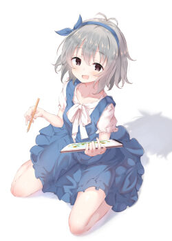 Rule 34 | 1girl, :d, absurdres, antenna hair, blouse, blue bow, blue dress, blue hairband, blush, bow, bow hairband, breasts, brown eyes, collarbone, dress, frilled dress, frilled sleeves, frills, grey hair, hairband, highres, holding, holding pencil, holding sketchbook, idolmaster, idolmaster cinderella girls, looking at viewer, narumiya yume, neckerchief, open mouth, pencil, pinafore dress, shadow, shirt, short hair, short sleeves, simple background, sitting, sketchbook, sleeveless, sleeveless dress, small breasts, smile, solo, ukiwakisen, wariza, white background, white neckerchief, white shirt