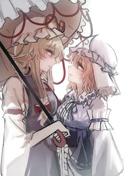 Rule 34 | 2girls, blonde hair, blue hat, blue kimono, bow, breasts, closed mouth, commentary request, dress, eye contact, frilled kimono, frills, hair bow, hand on another's face, hat, hat ribbon, highres, holding, holding umbrella, japanese clothes, kimono, long sleeves, looking at another, medium breasts, mob cap, multiple girls, onigiri 222x714, open mouth, parasol, pink eyes, pink hair, purple eyes, purple tabard, red bow, ribbon, saigyouji yuyuko, simple background, sleeve garter, smile, tabard, touhou, triangular headpiece, umbrella, white background, white dress, wide sleeves, yakumo yukari, yuri