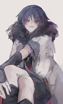 1boy armor black_bodysuit black_kimono black_shorts blunt_ends bodysuit coat coat_on_shoulders crossed_legs eyeliner eyeshadow fatui_coat frilled_sleeves frills fur-trimmed_coat fur_collar fur_trim genshin_impact gold hand_on_own_leg highres japanese_armor japanese_clothes jewelry juban kimono kote kurokote looking_at_viewer makeup male_focus mandarin_collar neck_ring open_mouth purple_eyes purple_sleeves red_eyeliner red_eyeshadow red_kimono scaramouche_(genshin_impact) short_sleeves shorts sitting sketch solo teeth tsurime upper_teeth_only white_background white_coat white_kimono wispy_bangs zattasyanko