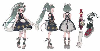 Rule 34 | 1girl, absurdres, closed mouth, dress, full body, hair ornament, highres, holding, jewelry, long hair, multiple views, open mouth, shoes, simple background, standing, twintails, very long hair