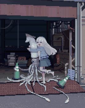 1girl barefoot blue_shirt blue_skirt garage garage_door happy highres hug industrial_pipe long_hair long_sleeves onndapixel open_mouth original pixel_art shirt skirt squid tentacles traffic_cone white_hair