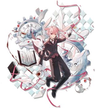 1boy animal_ears ansel_(arknights) ansel_(nighttime_cafe)_(arknights) arknights black_boots black_jacket black_pants black_suit book boots bow bowtie butler clock cup floating floating_object flower formal_clothes full_body gears gloves highres holding holding_cup jacket long_sleeves looking_at_viewer lop_rabbit_ears male_focus neck_ribbon necktie official_art open_book pants pink_hair pink_ribbon pinstripe_pattern plate pocket_watch rabbit rabbit_boy rabbit_ears red_eyes ribbon roman_numeral saucer short_hair solo spilling suit tailcoat tea teacup teapot vest watch white_background white_gloves yi_li_lizi