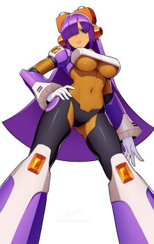 1girl android black_panties blunt_bangs breasts commentary dark-skinned_female dark_skin english_commentary gloves green_eyes hair_over_eyes hair_over_one_eye hand_on_own_hip headset hime_cut joints large_breasts layer_(mega_man) long_hair mega_man_(series) mega_man_x_(series) mole mole_under_eye panties parted_lips purple_hair revenantart robot_ears robot_girl robot_joints smile solo underboob underwear white_gloves