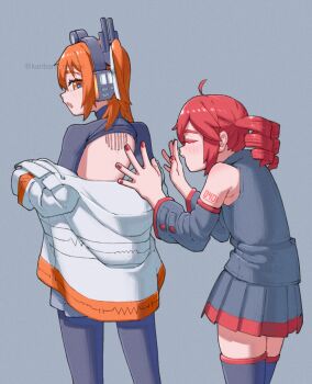 2girls a.i._voice adachi_rei android back bare_shoulders black_pantyhose commentary_request cowboy_shot detached_sleeves drill_hair from_behind grey_background grey_shirt grey_skirt highres hood hood_down hooded_jacket jacket kanbaru_mitsuki kasane_teto looking_back medium_hair miniskirt multiple_girls nail_polish off_shoulder open_mouth orange_eyes orange_hair pantyhose pleated_skirt red_hair red_nails shirt simple_background skirt sleeveless sleeveless_shirt standing thighhighs twin_drills utau warming_hands white_jacket zettai_ryouiki