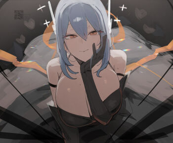 1girl alternate_hair_color artist_name azz0422 backless_outfit bare_shoulders black_background black_dress black_gloves blue_hair breasts closed_mouth commentary dress elbow_gloves evening_gown eyelashes from_above gardevoir gen_3_pokemon gloves hair_between_eyes hand_on_own_chin heart highres huge_breasts looking_at_viewer narrowed_eyes nintendo orange_eyes personification pokemon qr_code raised_eyebrows sidelocks simple_background sleeveless sleeveless_dress smile solo sweatdrop