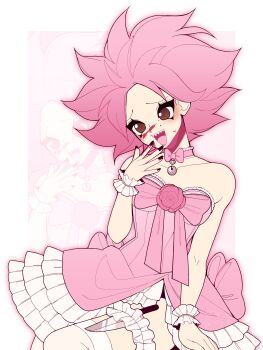 1girl absurdres bell blood blood_on_face blush bow brown_hair choker commentary commission dreamalgia dress english_commentary eyelashes flower fluffy_hair frilled_choker frills highres jingle_bell knife open_mouth original pink_flower pink_hair pink_rose red_pupils rose sharp_teeth short_hair slit_pupils smile solo teeth thighhighs yandere