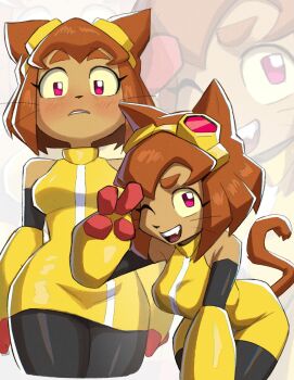1girl :d ;d animal_ears bare_shoulders black_pantyhose blush_stickers breasts brown_hair cat_ears cat_girl cat_tail commentary cowboy_shot cropped_legs dark-skinned_female dark_skin dress embarrassed english_commentary fang fang_out furry furry_female gameoverse goggles goggles_on_head highres jimcheaseburger kit_bodega leaning_forward looking_at_viewer medium_breasts multiple_expressions multiple_views one_eye_closed open_mouth pantyhose red_eyes simple_background sleeveless sleeveless_dress smile tail teeth upper_teeth_only v whiskers white_background yellow_background yellow_dress yellow_gauntlets zoom_layer