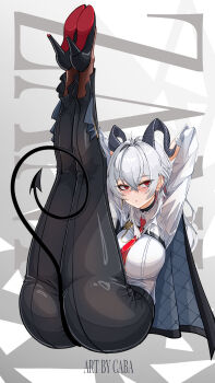 1girl ahoge arms_behind_head arms_up artist_name ass black_choker black_horns black_jacket black_pants black_shoes black_tail blush breasts carlos_cabs character_name chest_harness choker collared_shirt commentary curled_horns demon_tail grey_hair hair_between_eyes harness high_heels highres horns jacket jacket_on_shoulders large_breasts legs_up long_hair looking_to_the_side multicolored_hair necktie paid_reward_available pants parted_lips red_eyes red_necktie shirt shoes sideways_glance solo streaked_hair tail white_shirt wuthering_waves zani_(wuthering_waves)
