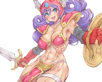 1girl :d abs armor bikini_armor blue_gem breasts choker cleavage collarbone commentary_request cowboy_shot double-parted_bangs dragon_quest dragon_quest_iii feathered_helmet floating_hair full_cleavage gem gloves hair_between_eyes helmet highres holding holding_shield holding_sword holding_weapon large_breasts looking_at_viewer muscular muscular_female navel open_mouth pelvic_curtain purple_hair red_gloves shield shoulder_pads simple_background smile solo stomach sword upper_body warrior_(dq3) wavy_hair weapon white_background white_choker wochi