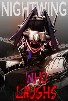 1girl absurdres adarin batman batman_(cosplay) batman_(series) black_hair bow bow_earrings chain chain_headband cosplay covered_eyes dc_comics earrings evil_smile gloves hair_intakes highres hololive hololive_english jewelry ouro_kronii red_lips smile solo spiked_mask the_batman_who_laughs virtual_youtuber white_gloves