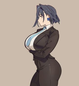 blue_necktie breasts button_gap commentary formal_clothes highres hololive hololive_english large_breasts necktie ouro_kronii pomuya suit thick_thighs thighs tight_clothes virtual_youtuber