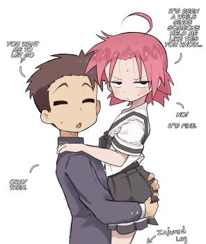 1boy 1girl ahoge annoyed black_skirt blush carrying carrying_person closed_eyes english_text from_side grabbing_another's_ass groping hands_on_another's_ass hands_on_another's_shoulders highres kogami_akira looking_at_viewer lucky_star pink_hair pleated_skirt school_uniform shiraishi_minoru shirt short_hair short_sleeves simple_background skirt sweat text_focus white_background white_shirt zlix0n