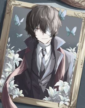 1boy bandage_over_one_eye bandaged_neck bandages black_coat black_jacket black_necktie brown_hair bug bungou_stray_dogs butterfly closed_mouth coat collared_shirt dazai_osamu_(bungou_stray_dogs) flower hair_between_eyes highres ilz1x6 insect jacket looking_at_viewer male_focus necktie one_eye_covered parted_lips portrait portrait_(object) shirt short_hair solo suit_jacket teeth through_medium through_painting white_flower white_shirt