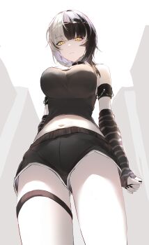 1girl absurdres alternate_costume arm_warmers armband bare_shoulders black_arm_warmers black_choker black_hair black_nails black_shorts breasts chain choker commentary dot_nose english_commentary from_below highres hololive hololive_english kurochanai large_breasts legband looking_at_viewer looking_down midriff multicolored_hair nail_polish shiori_novella shorts simple_background solo thighs two-tone_hair upshorts virtual_youtuber white_hair yellow_eyes