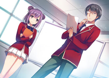 1boy 1girl advanced_nurturing_high_school_uniform backlighting black_eyes black_hair black_pants blazer blue_bow blue_bowtie blue_necktie blush book bow bowtie buttons ceiling character_name closed_mouth collared_shirt commentary_request cowboy_shot crossed_arms day double_bun dutch_angle glasses hair_between_eyes hair_bun hand_on_own_chin hand_up holding holding_book holding_paper horikita_manabu indoors jacket legs_apart legs_together light_smile long_sleeves looking_at_another looking_down miniskirt necktie novel_illustration official_art pants paper parted_bangs pleated_skirt pocket purple_hair rimless_eyewear school_uniform shirt short_hair skirt smile standing sunlight tachibana_akane_(youkoso_jitsuryoku) textless_version tile_ceiling tiles tomose_shunsaku white_shirt white_skirt window yellow_eyes youkoso_jitsuryoku_shijou_shugi_no_kyoushitsu_e